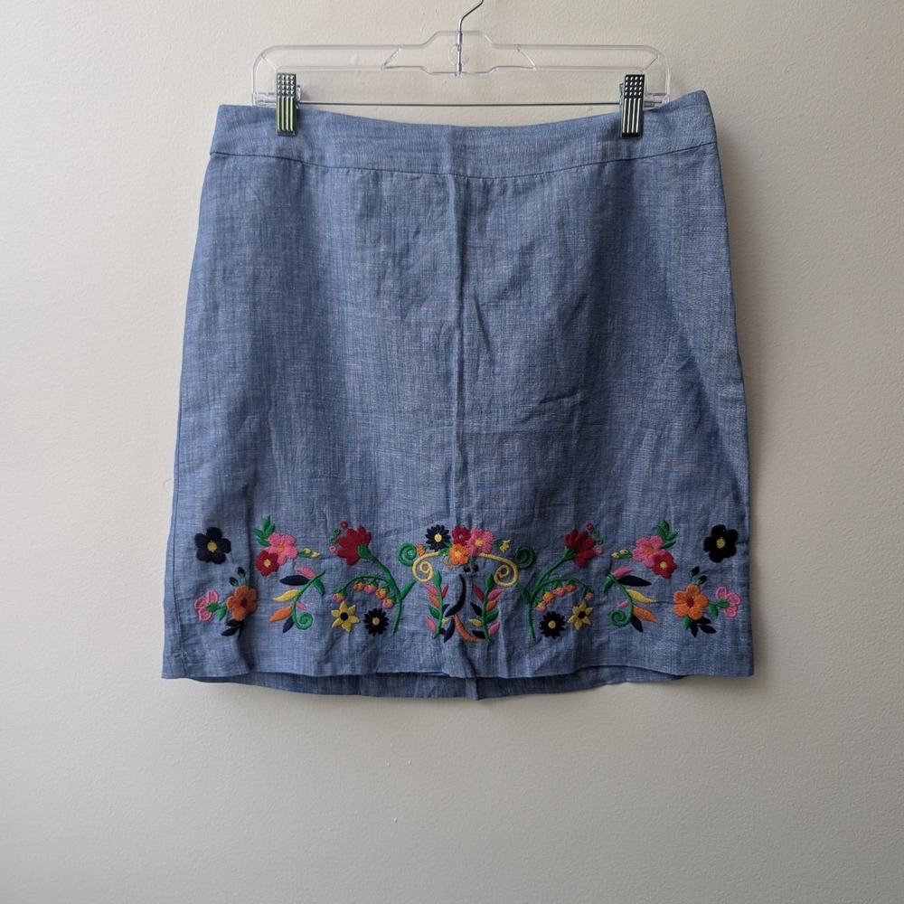 Talbots Mini Skirt Blue Floral Embroidered Linen Cotton Sz 10 Boho Cottagecore